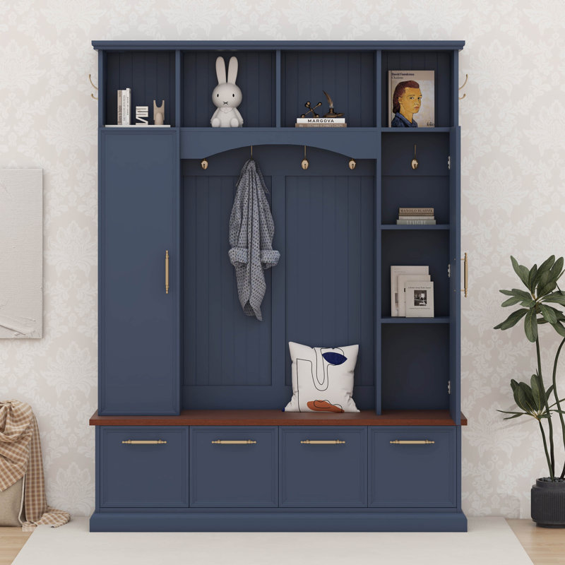Hall Tree With Hooks & Handles, Entryway Walnut Bench With Adjustable Shelves, Farmhouse Wooden Style Coat & Shoe Rack