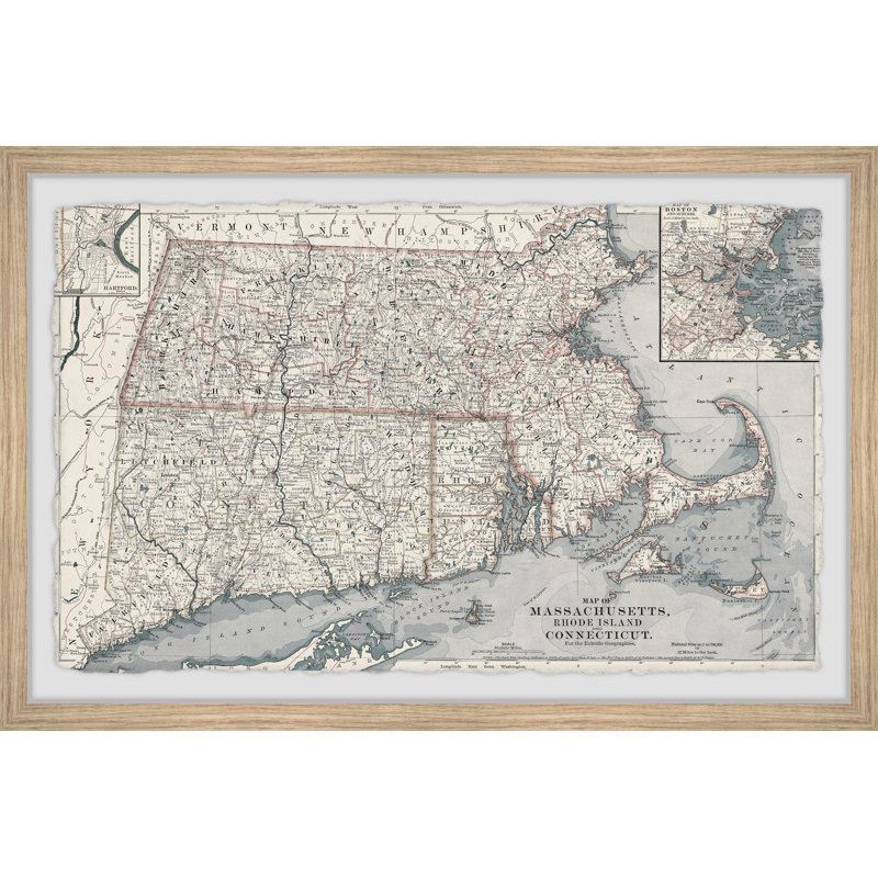 «Old Map of Massachusetts», reproduction sur papier encadrée, H 16 po x l 24 po