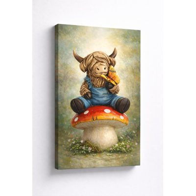 Highland Cow Sitting on Mushroom Canvas Wall Art Cute Farm Animal Butterfly Fantasy Artwork for Kids Room Nursery Bedroom Decor 16x24 Inch Canvas Print - Ready to hang