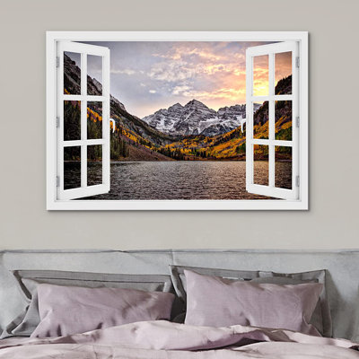 IDÉE4WALL, reproduction d'art sur toile, fenêtre, coucher de soleil, automne, montagne, lac, nature, photographie, réalisme, paysage rustique, coloré, multicolore, décor pour le salon, la chambre à coucher, le bureau