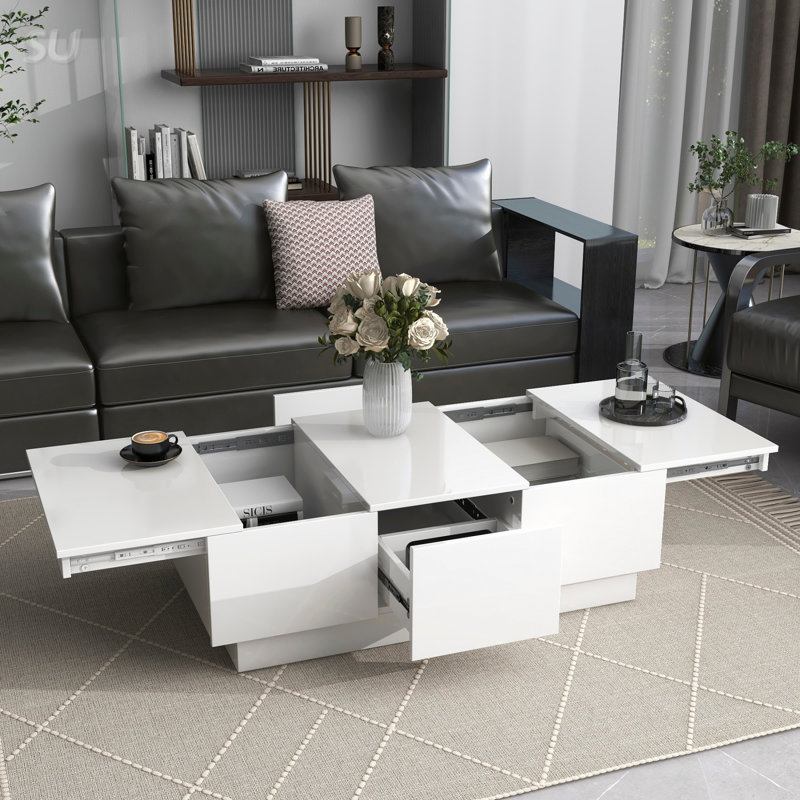 Table basse extensible ultrabrillante avec 2 grands compartiments de rangement cachés et 2 tiroirs, parfaite pour les salons modernes