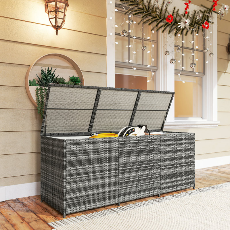 Outsunny 175 Gallon Outdoor Storage Box with Inner Liner, PE Rattan Wicker Deck Box with Pneumatic Bar Lift for Indoor & Outdoor, Patio Furniture Cushions, Pool Supplies, Garden Tools, Mixed Brown