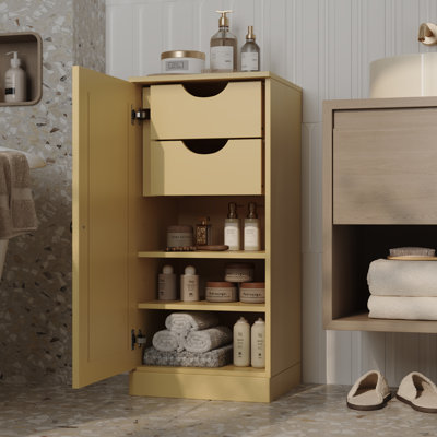 Armoire de rangement de salle de bain 100% bois massif, porte à panneau surélevé, 2 tiroirs, tablettes réglables, 16,5 po de largeur, 35,75 po de hauteur