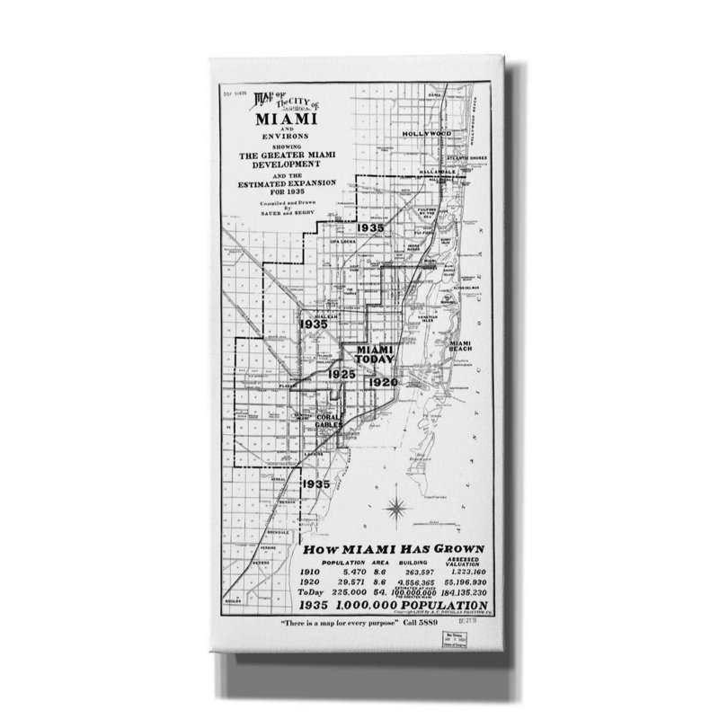 «Map of Miami 1925» par Epic Graffiti Portfolio, art mural sur toile, H 24 po x l 12 po x P 0,75 po