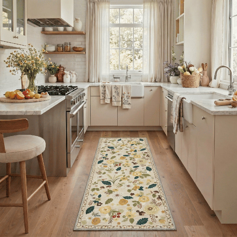 Cogswell Floral Poppy Machine Washable Begie/Green/Yellow Indoor Area Rug With Non-Slip Backing, Runner 2' x 6'