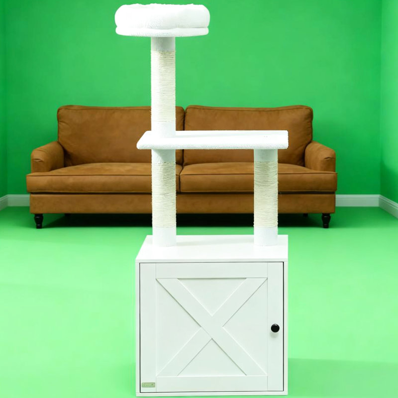 Arbre à chat avec bac à litière, blanc, espace, escalade à plusieurs niveaux, grattage, boîte blanche à assemblage unique, conception d'espace, plateformes, lit, poteaux, facile à assembler