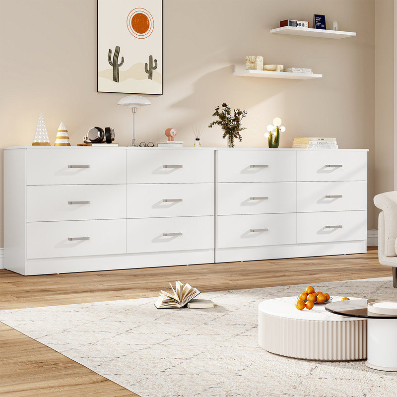 Dresser for Bedroom,6 Drawers Dresser Modern Wood Double Chest of Drawers for Bedroom Living Room, White