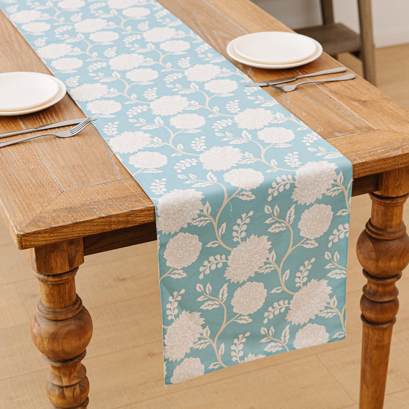 Peony Pattern Table Runner, White,Blue