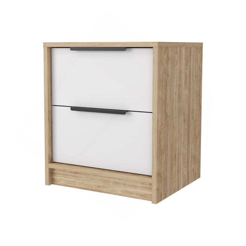 Table de chevet Washington, deux grands tiroirs, Naturel / blanc