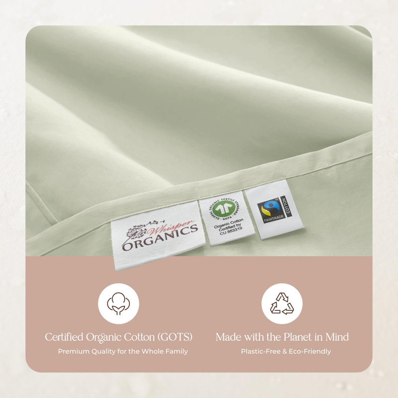 Draps 100% coton Whisper Organic - très grand californien - draps de lit certifiés biologiques Gots avec poches profondes et tissage de satin respirant et confortable qui devient plus doux à chaque lavage - ensemble de luxe 3 pièces (très grand californien - vert pastel)