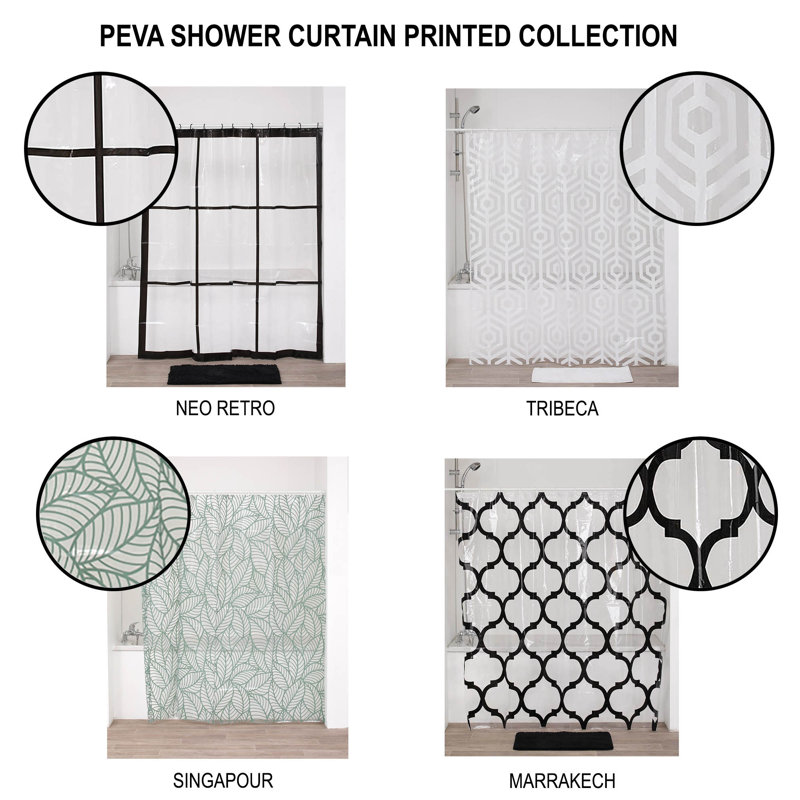 Transparent PEVA Shower Curtain with Black Arabesque Design, 71x71 Inches