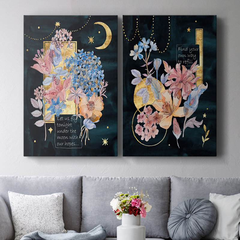 Fleurs au clair de lune I - Toile tendue avec châssis de qualité supérieure - Prêt à accrocher, H 18 po x l 24 po