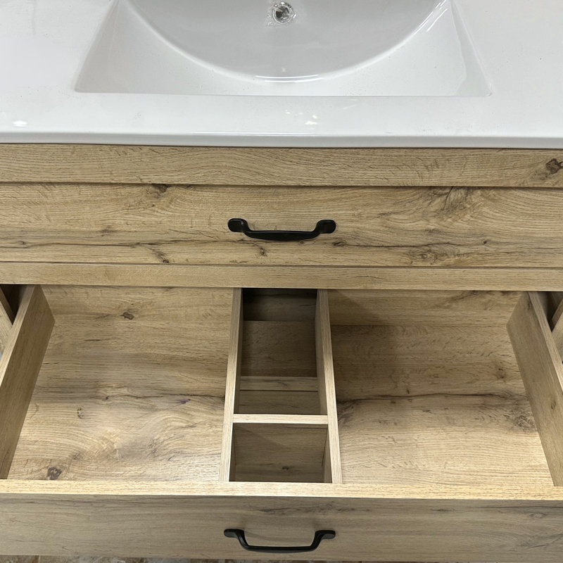 Estebana 24" Single Bathroom Vanity With Two Drawers and Ceramic Top, Light Oak
