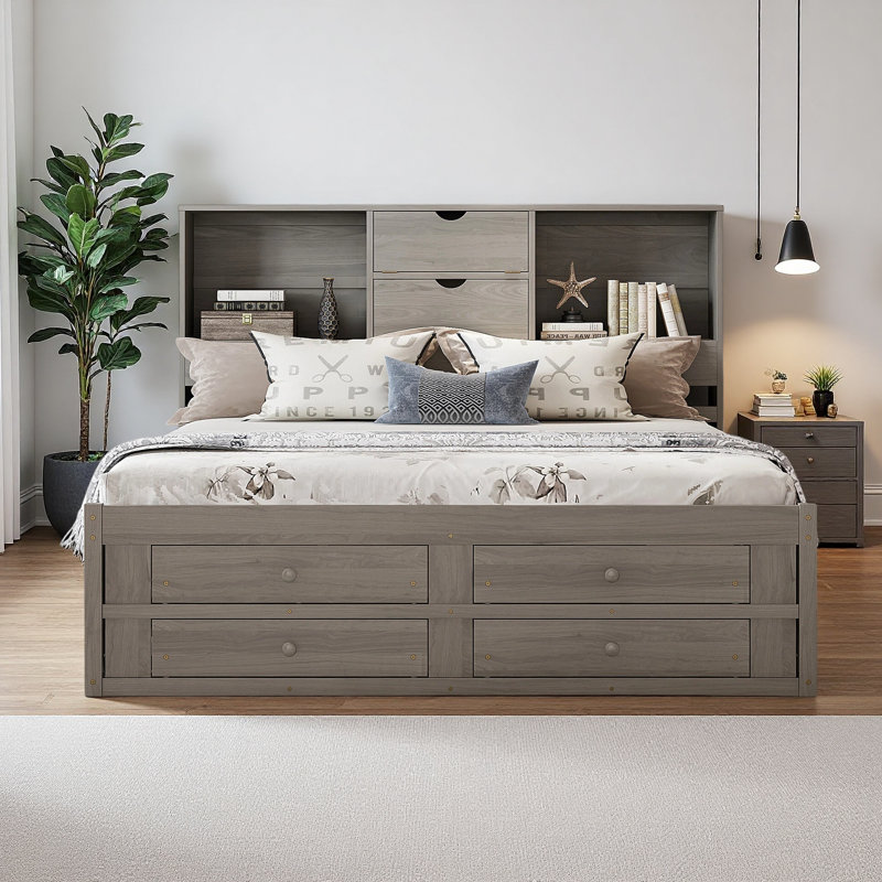Lit plateforme très grand avec tête de lit à rangement et 8 tiroirs, Gris, Très grand lit