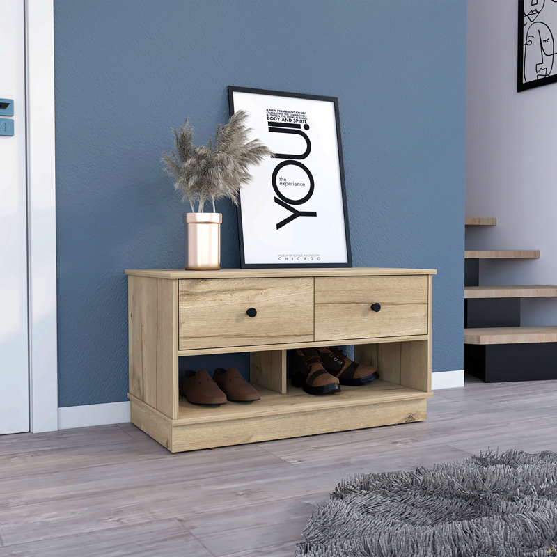 Light Oak Rectangle 2-Shelf 2-Drawer Storage Bench, Light Oak