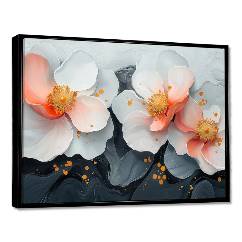 Mou rose, fleurs blanches et pures - Art mural, H 24 po x l 32 po, Cadre flottant, Noir