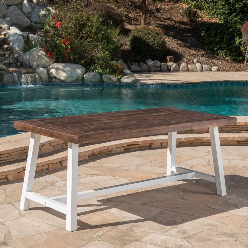 Table de salle à manger d'extérieur en bois avec structure en métal rustique blanc, finition brun foncé, 29,5 po de hauteur, 70,0 po de largeur, 35,68 po de profondeur, 300 lb de poids, pièces d'assemblage requises, conception à lattes