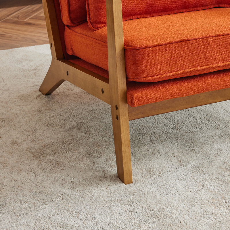 Orange Linen Upholstered Accent Chair with Oak Armrest