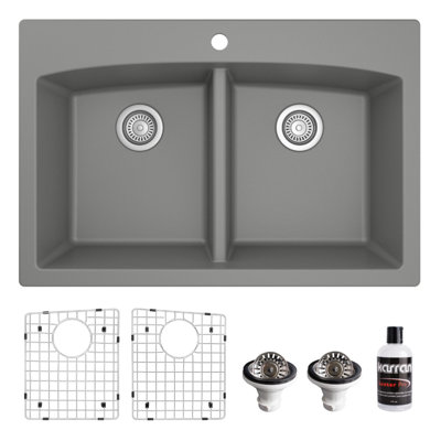 Karran Quartz 33'' X 22'' Double Bowl 50/50 Top Mount Drop-in Kitchen Sink Kit