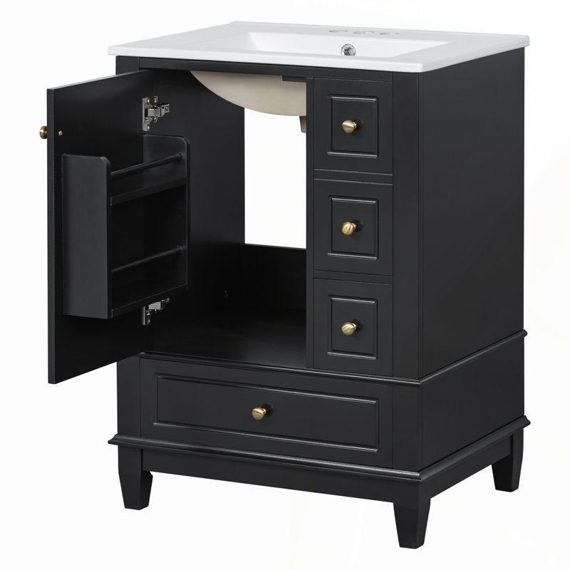 Meuble-lavabo 24 po avec lavabo en céramique, conception compacte pour petites salles de bain, armoire moderne avec 2 tiroirs et tablette réglable