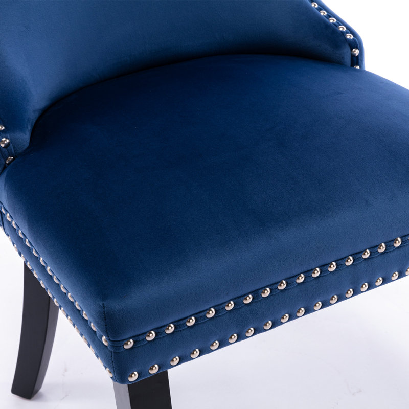 Chaise de salle à manger rembourrée de 2, velours bleu, pieds en bois massif, garniture de surpiqûres, 2 chaises en velours de style contemporain, tête de clou et