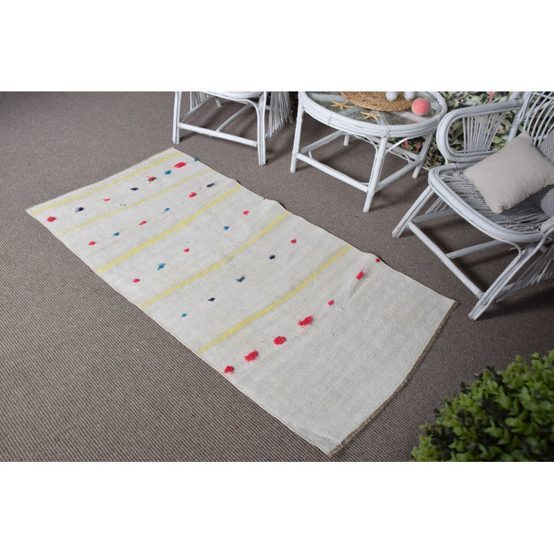 Tapis rétro en chanvre Oushak à rayures beige: idéal pour la cuisine ou la maison de campagne