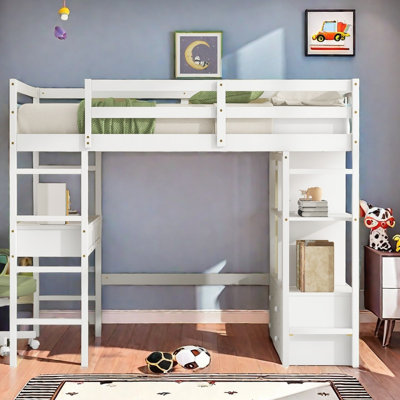 Harriet Bee Full Size Loft Bed With Built-In Desk With Two Drawers, And Storage Shelves And Drawers,White