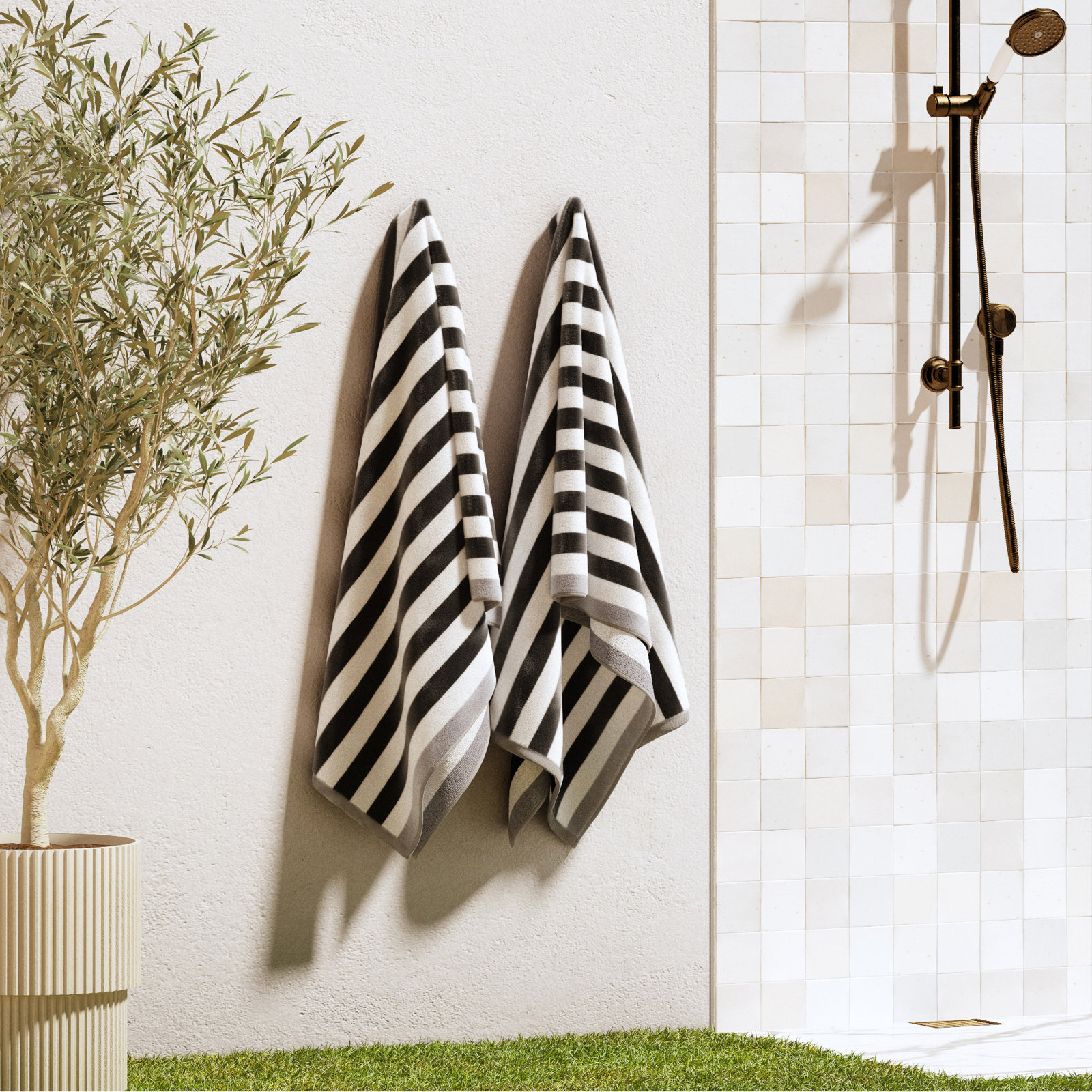 100% Cotton Elevated Stripe Border Oversized Beach Towels, 2, Black/Gray