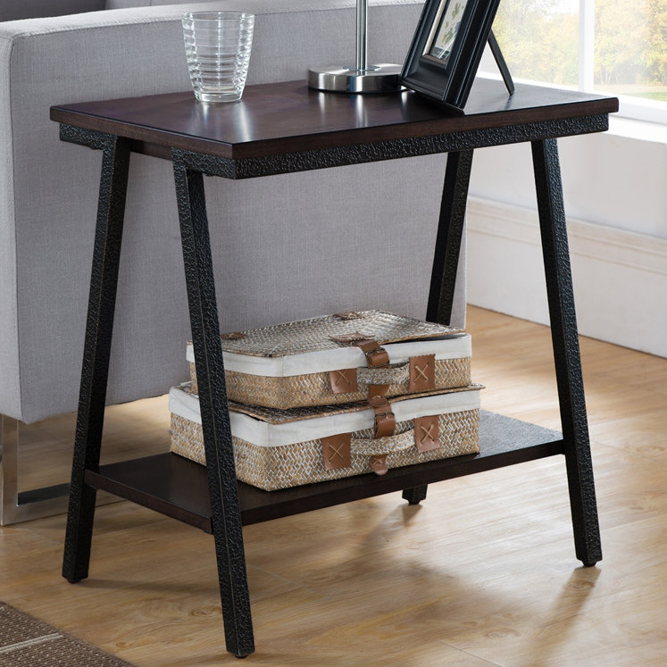Table d'appoint étroite en bois manufacturé Empiria, Noirci avec métal texturé bronze, Noyer