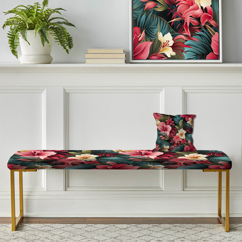 Hibiscus exotique mauve floral - banc rembourré floral doré, Mirage Tropical Pattern