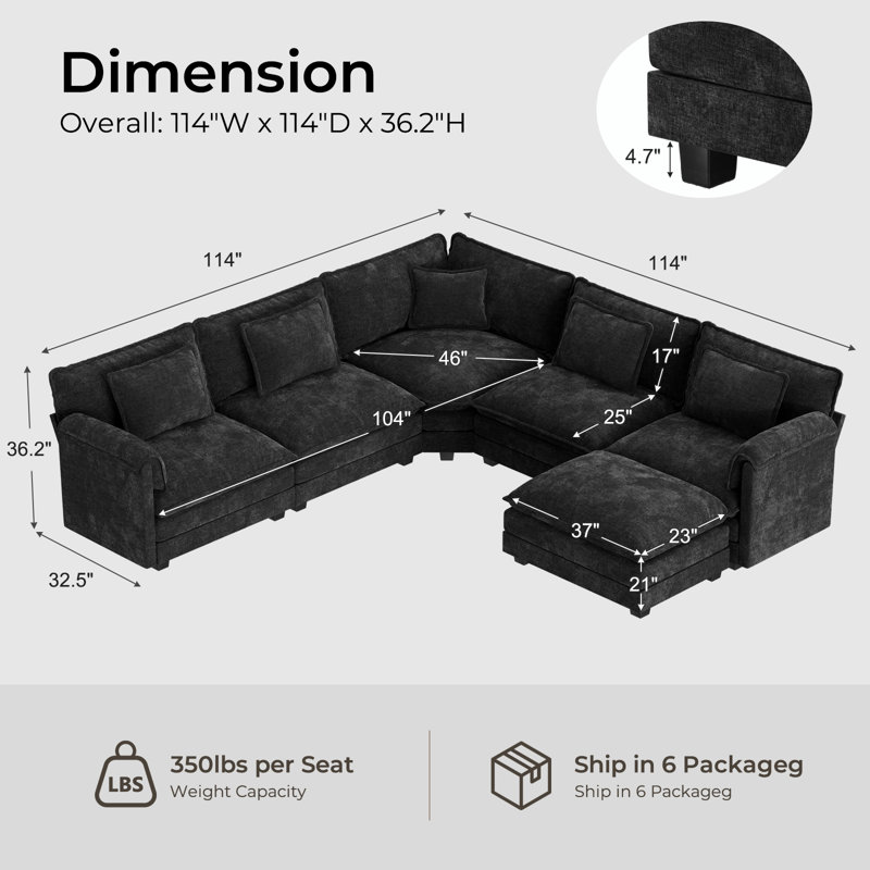 Canapé modulaire Amabilia, canapé Cloud confortable avec repose-pieds mobile, canapé à assise profonde - chenille-noir, Noir