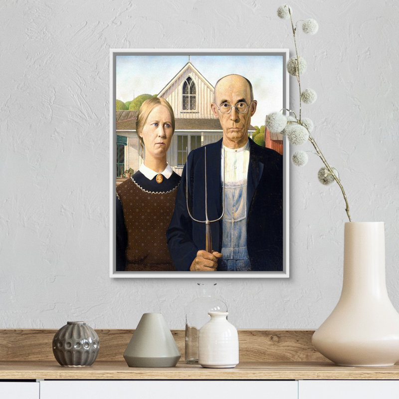 «American Gothic» par Grant Wood - impression, H 16 po x l 13 po x P 1,75 po, Cadre flottant blanc