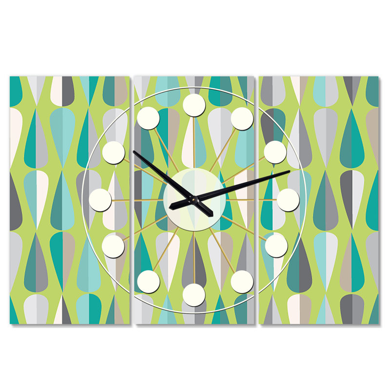 Très grande horloge murale rétro Mid-Century, Vert / gris / vert foncé