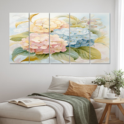 Rétro bouquet d'hortensias en pastel rétro II - art mural toile hydrangée - 5 panneaux égaux