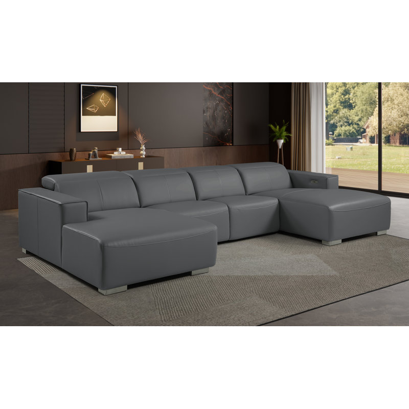 Canapé modulaire en U en cuir véritable 4 pièces gris foncé avec 2 fauteuils inclinables électriques et appuis-tête réglables