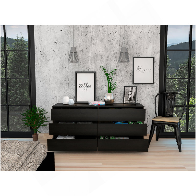 Commode double 6 tiroirs, plateau supérieur, noir