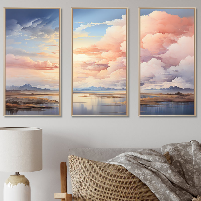 Fantaisie, ciel, paysage, minimalisme I, ensemble d'art mural, Cadre naturel flottant, H 40 po x l 60 po x P 1 po