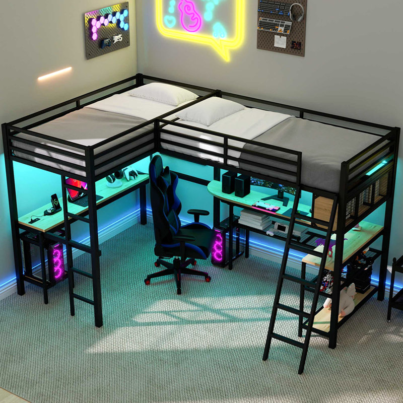 Lit mezzanine simple en métal en forme de L avec DEL, tablettes de rangement, 2 stations de charge et 2 bureaux intégrés, noir