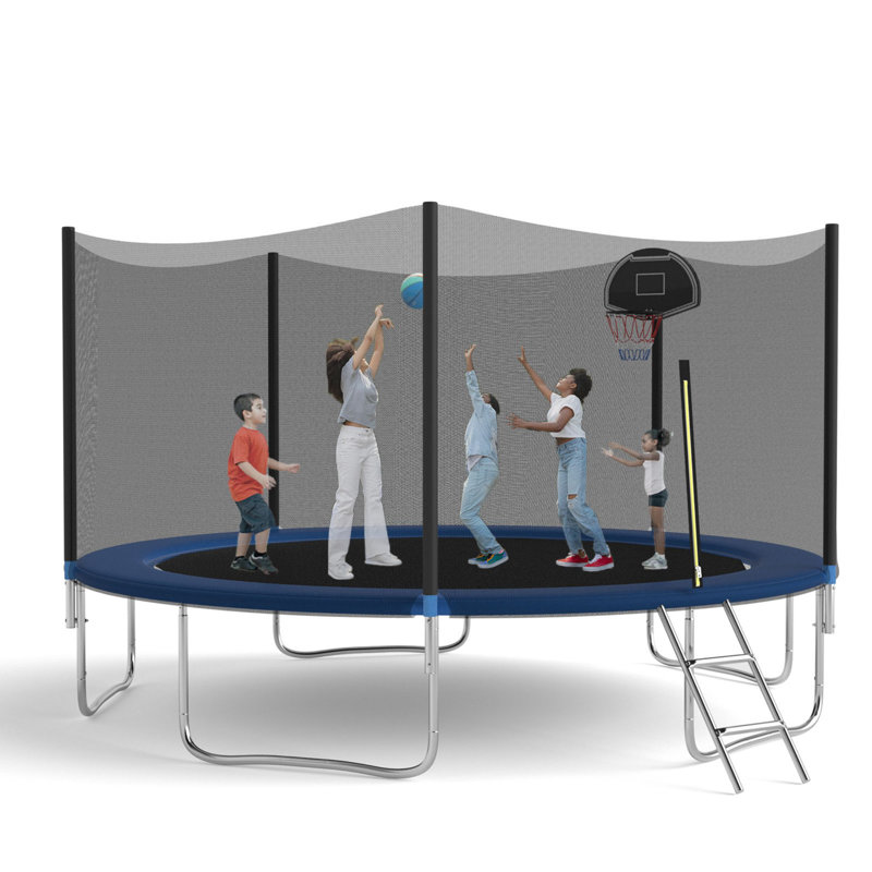 Blue 14FT Round Trampoline with Enclosure and Basketball Hoop