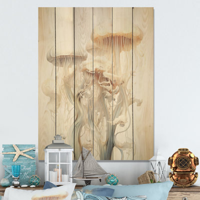 Minimalisme Jellyfish Wonders I - art mural en bois méduse sur bois de pin naturel