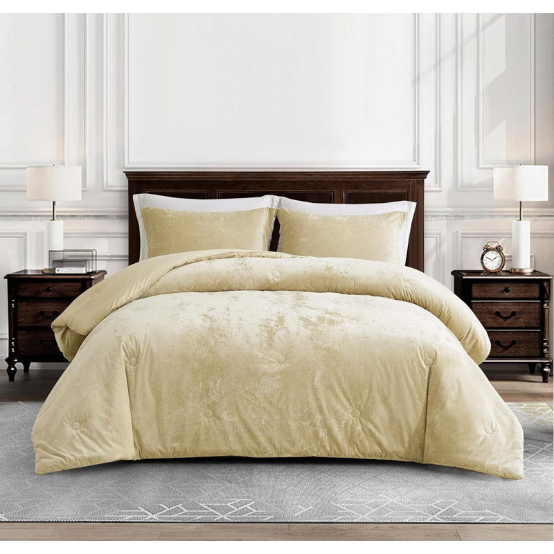 Lux Distressed Velvet Reversible Comforter Set, Queen Comforter + 2 Standard Shams, Beige