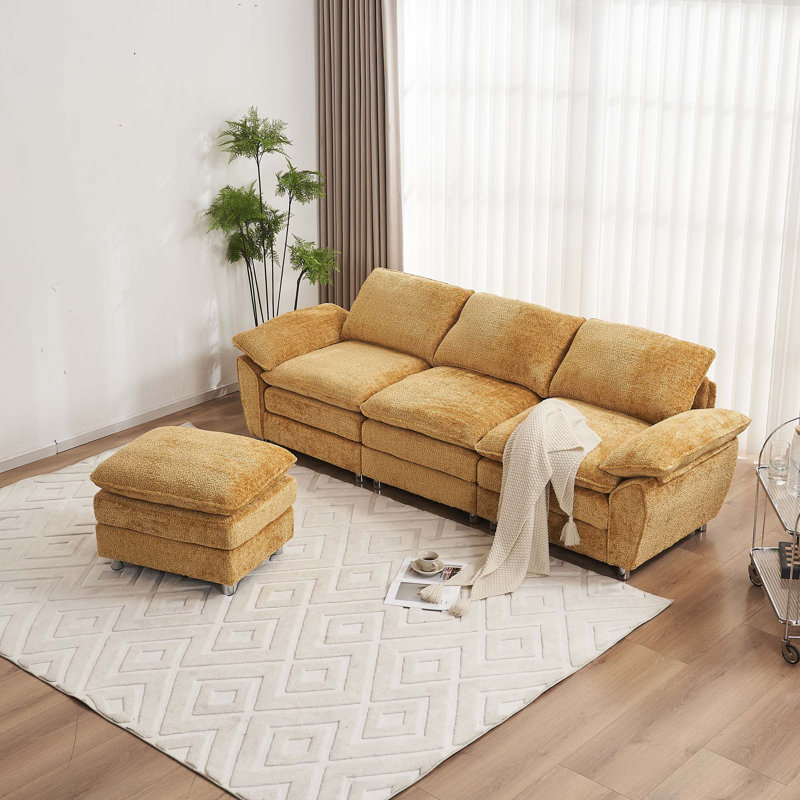 Canapé moderne à 3 places avec repose-pieds, Jaune