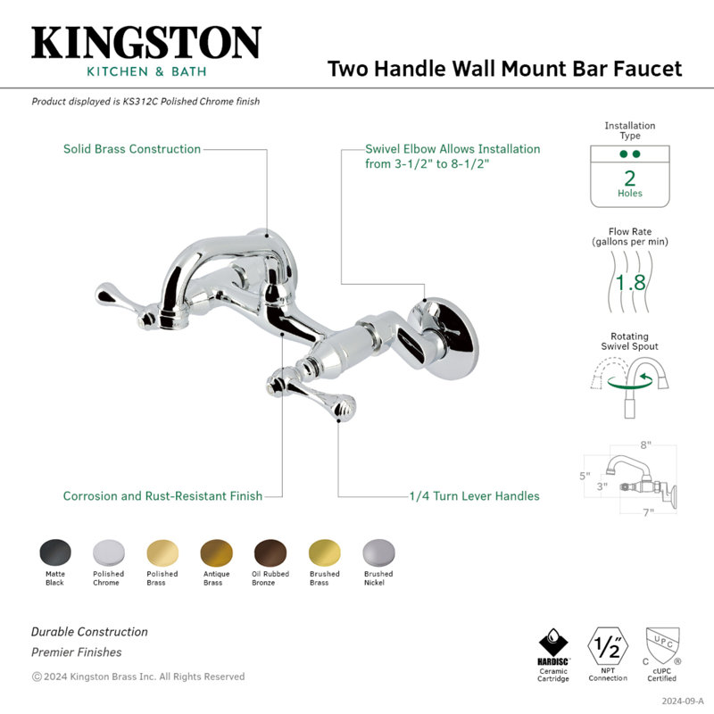 Kingston Brass Kingston Two-Handle 2-Hole Wall Mount Bar Faucet, Oil Rubbed Bronze