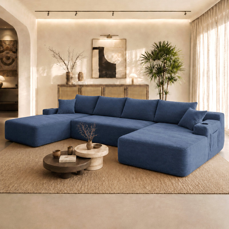 Canapé modulaire 126 po avec méridienne en forme de U, poches latérales et porte-gobelet de 126 po, conception modulaire moderne, assise profonde, canapé rembourré pour le salon / la chambre à coucher, aucun assemblage requis (velours côtelé) bleu