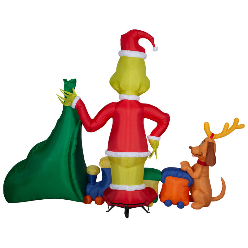 Grinch and Max Christmas Inflatable with Train and Santa Sack