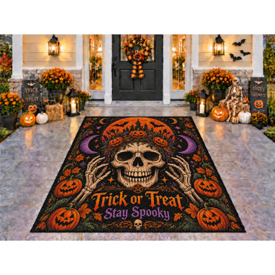 Tapis d'extérieur 5' x 7' avec motif de crâne et couronne d'Halloween et lunes violettes, en PVC épais, imperméable et bouclé, idéal pour terrasse, patio, intérieur et extérieur, séchage rapide, pour porche, terrasse, balcon et entrée.