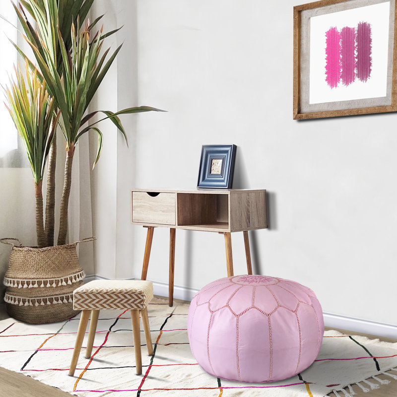 Handcrafted Round Pink Genuine Leather Pouf Ottoman