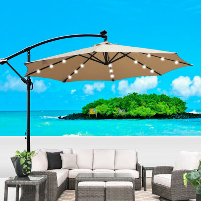 Parasol de patio extérieur brun clair 10 pi - Lumières solaires, protégées, 8 nervures, manivelle pour piscine de terrasse de jardin avec base légère alimentée et base croisée