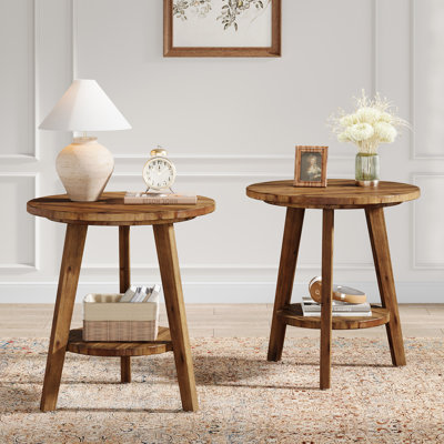 Solid Wood Round Side Table Set Of 2, 2-Tier End Table With Storage Shelf
