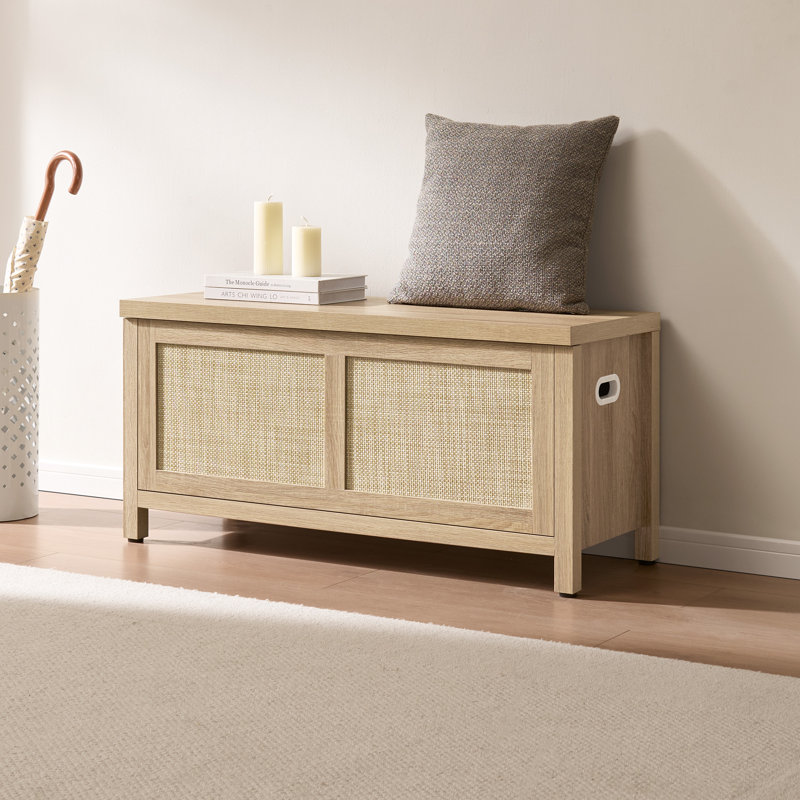 Banc en rotin d'inspiration bohémienne 39,4 po, multifonctionnel avec rangement caché, Chêne clair, 1